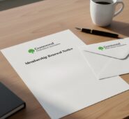 Membership renewal letter printing on a desk