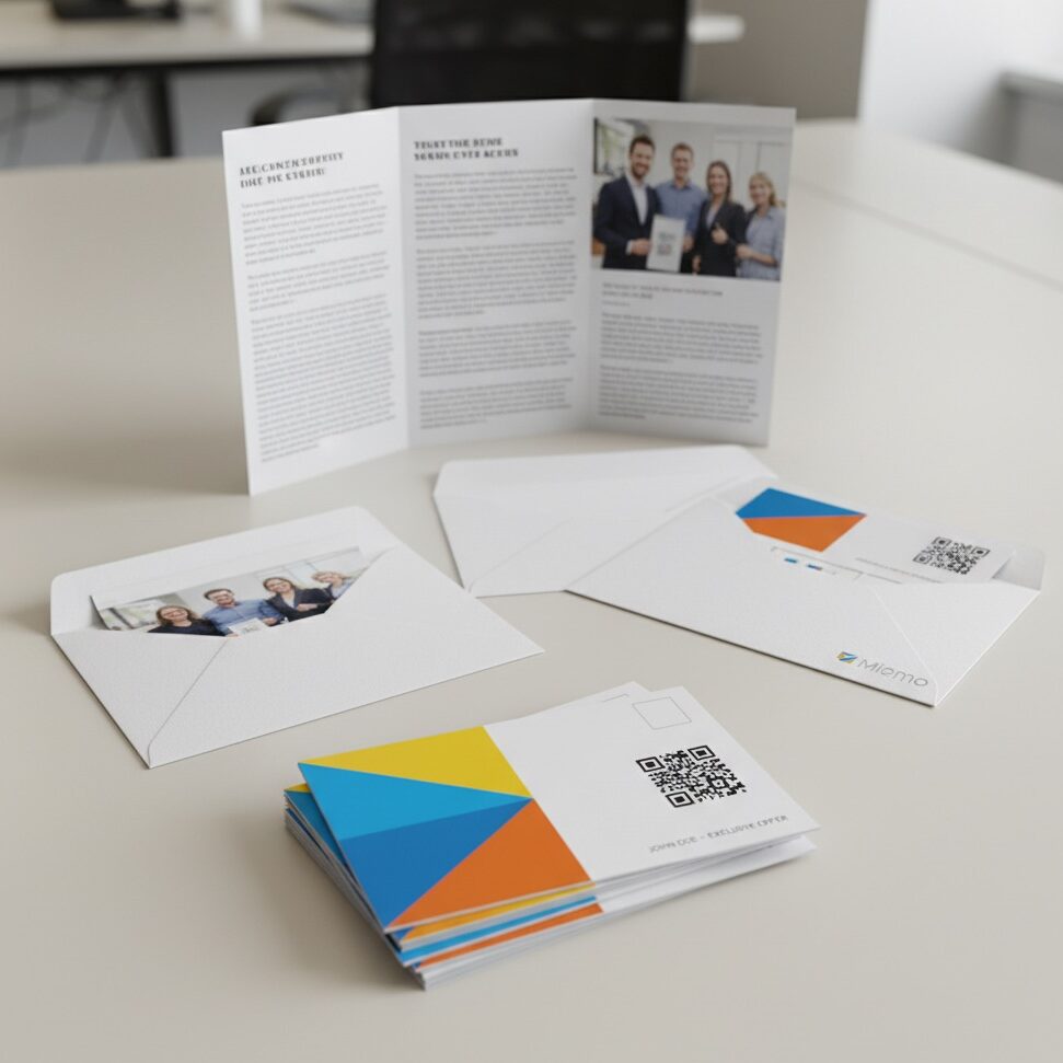 Examples of direct mail, including postcards and brochures. 