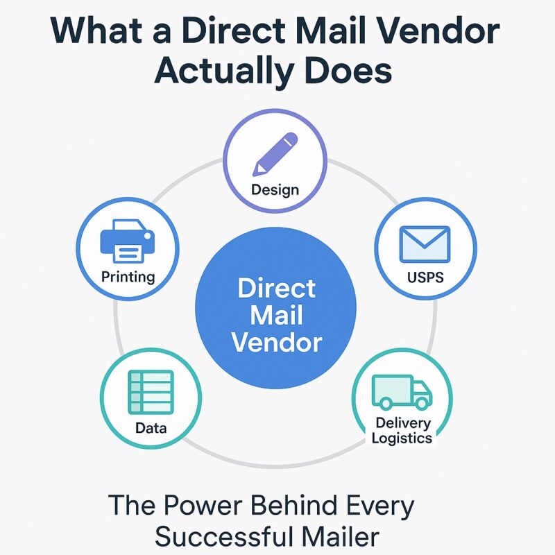 Infographic about what a direct mail vendor does, including printing, design, and data management.