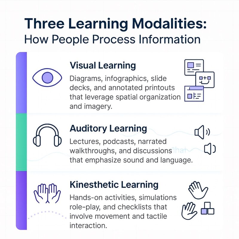 Infographic detailing the 3 learning modalities including visual, auditory, and kinesthetic. 