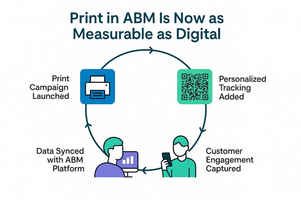 Infographic about tracking print in ABM, including using QR codes and syncing data with an online platform. 