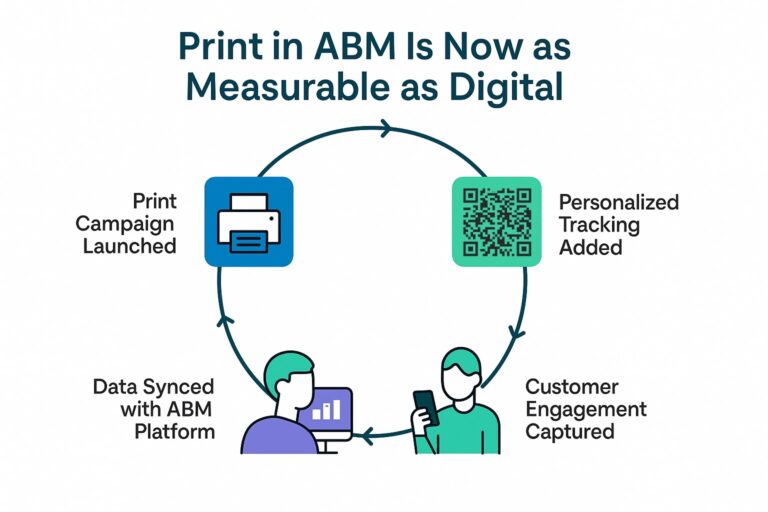 Infographic about tracking print in ABM, including using QR codes and syncing data with an online platform. 
