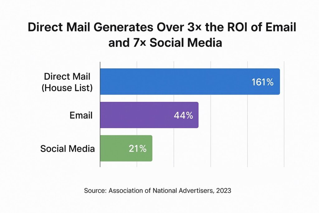 Infographic about how print in ABM boosts ROI compared to email and social media. 