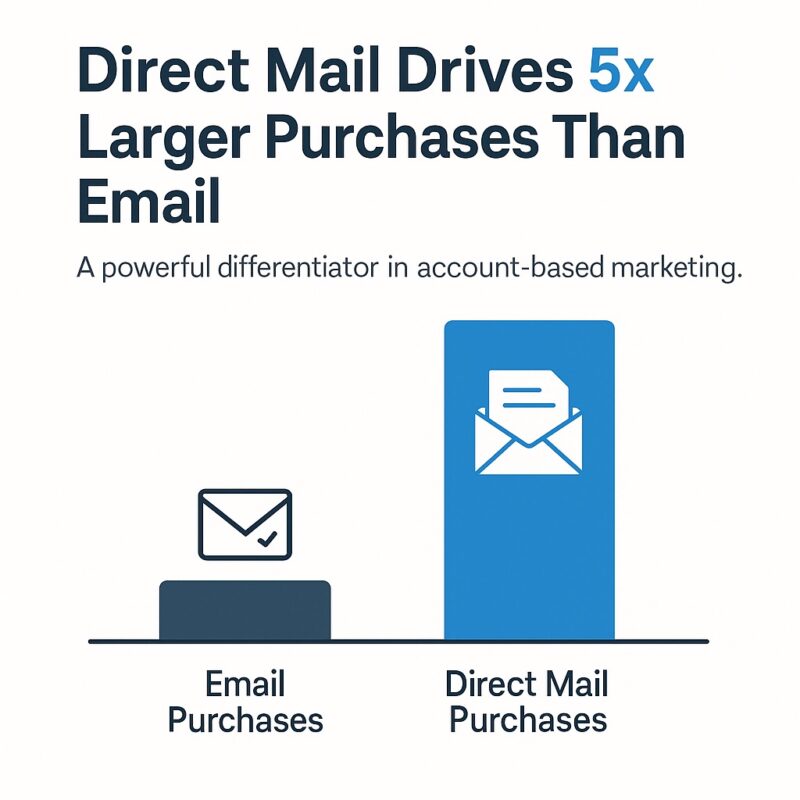 Infographic about ABM direct mail and how it drives larger purchases than email campaigns. 