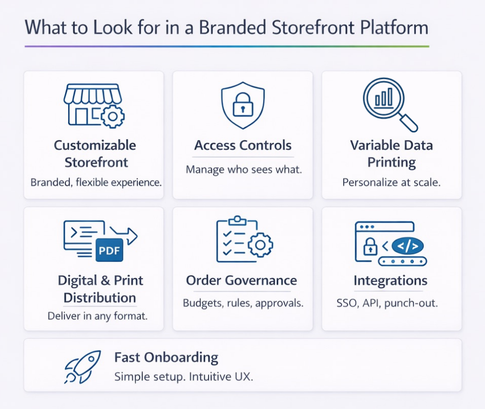 Infographic outlining key features of a branded storefront platform, including customization, access controls, variable data printing, distribution options, order governance, integrations, and fast onboarding, arranged in a simple 2×3 grid with blue line icons.