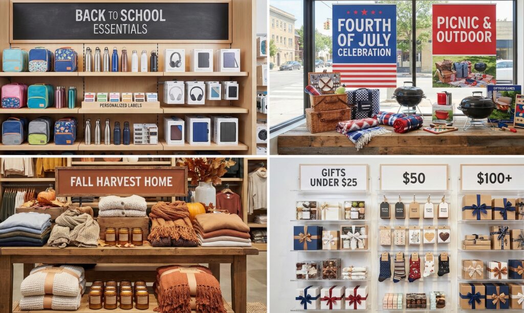 Examples of seasonal retail display designs throughout the year. 