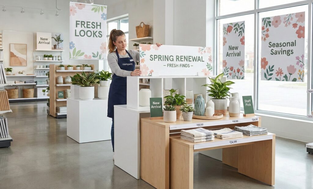 Employee setting up a spring seasonal retail display inside of a store. 