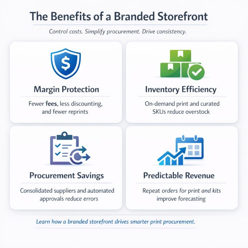 Infographic explaining how a branded storefront leads to new revenue, including margin protection, inventory efficiency, procurement savings, and predictable revenue.