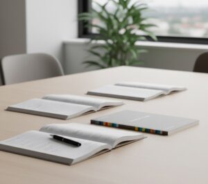 Printed client workbooks and facilitation materials set up on a conference table in a professional training room