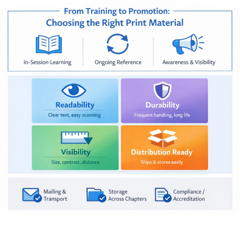 Infographic showing how to choose print materials based on coaching use case, durability, visibility, and distribution needs.