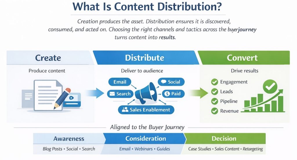 Diagram showing content distribution strategy, from creation to distribution to results, illustrating how distributing content across the buyer journey turns assets into engagement and action