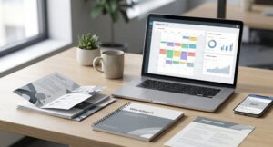 Laptop sitting on a table showing a content calendar. Also on the table are a workbook, style guide, and brochure.