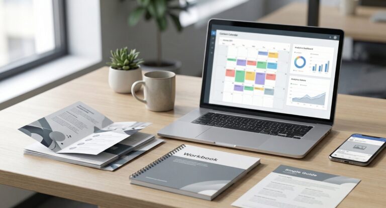 Laptop sitting on a table showing a content calendar. Also on the table are a workbook, style guide, and brochure.