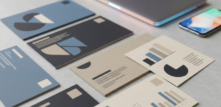 Consulting direct mail postcards on a table with a phone and a laptop in the background. 