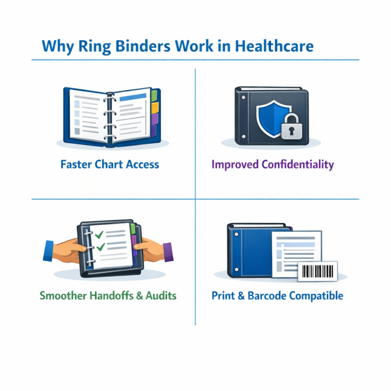 Four-panel infographic showing the benefits of ring binders in healthcare: faster chart access, improved confidentiality, smoother handoffs and audits, and compatibility with printed forms and barcode workflows.