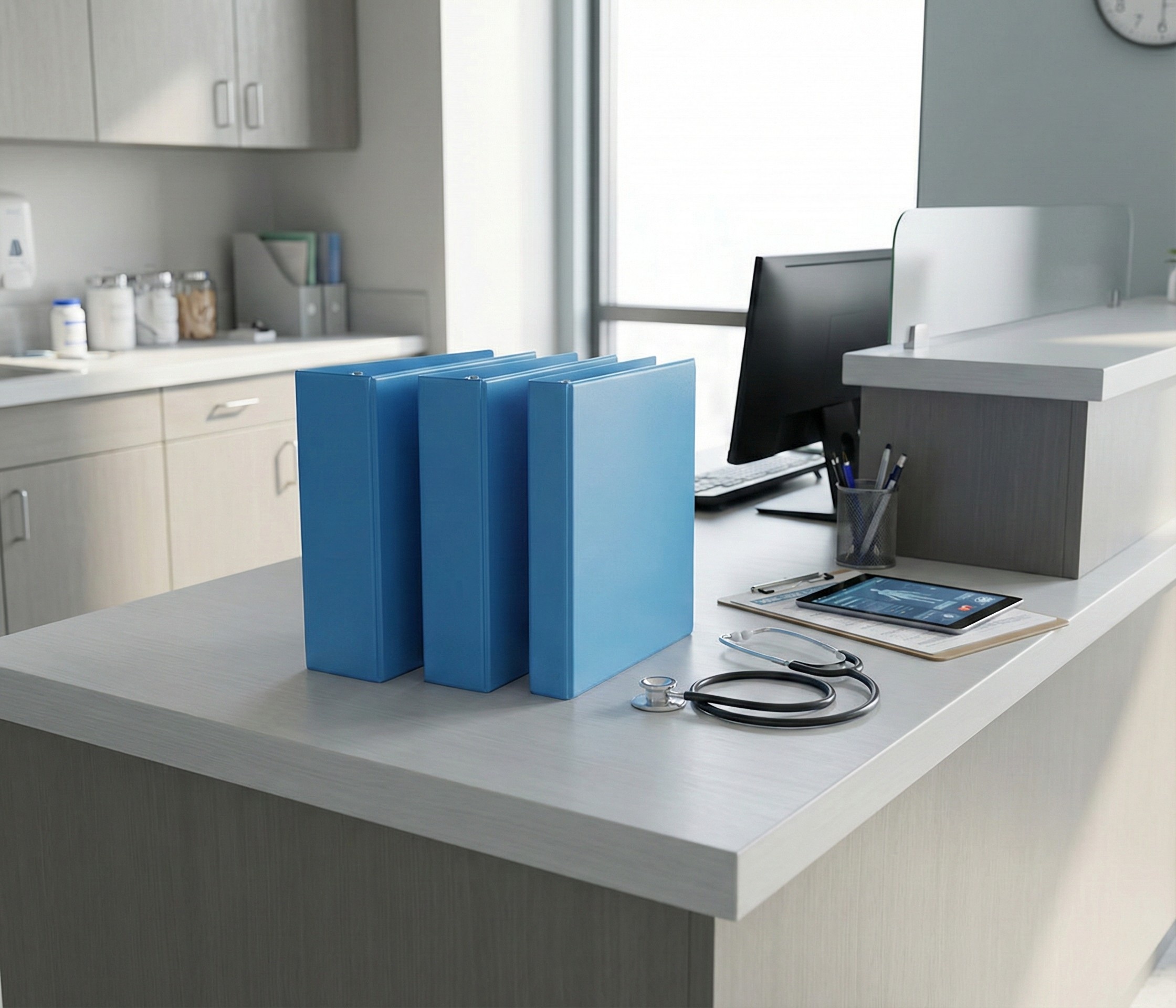 Three healthcare ring binders in a medical office next to a stethoscope and patient records