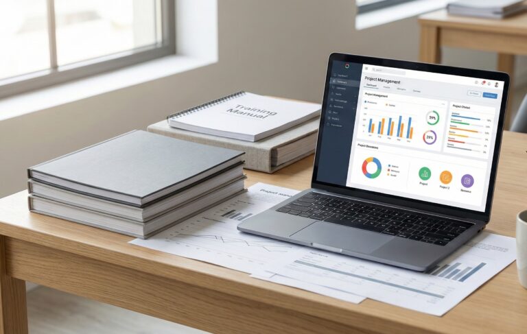 Laptop with project management software open. Printed papers underneath.