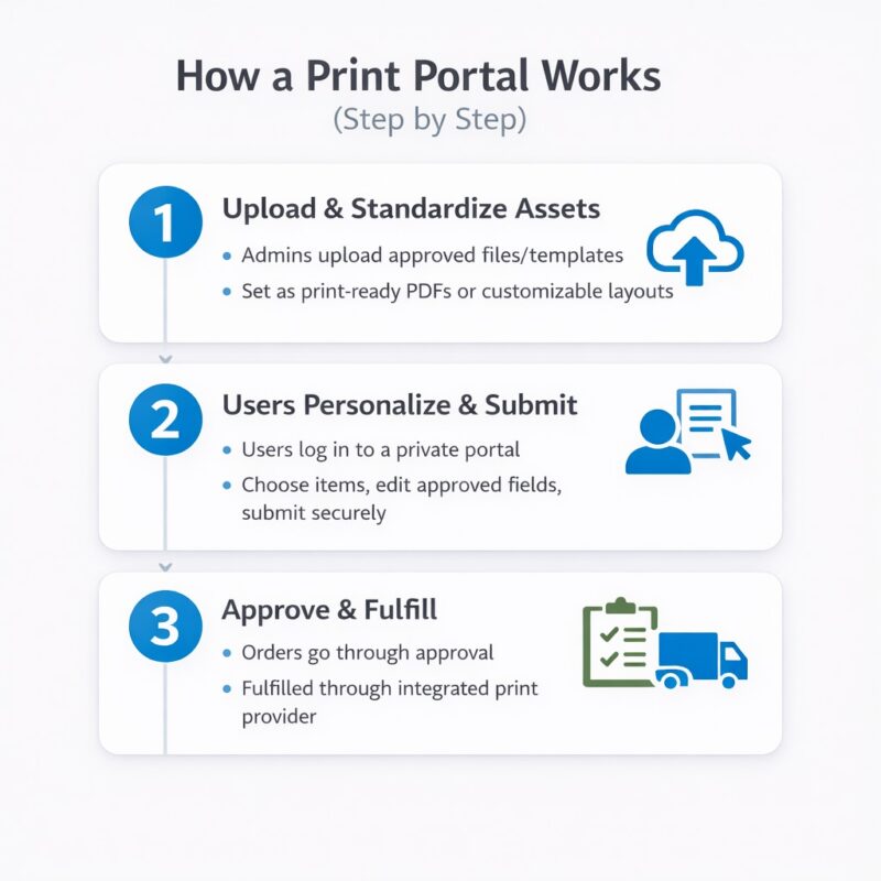 All the steps of a print portal, including uploading, personalizing, and approval. 