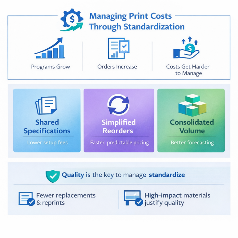 Square infographic showing how standardizing print specifications helps growing programs reduce costs through simpler reorders, consolidated volume, and longer-lasting materials.