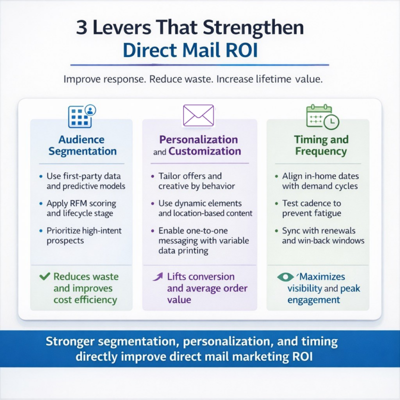 Three factors that strengthen direct mail ROI: audience segmentation, personalization and customization, and timing and frequency. 