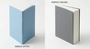 Image comparing a saddle stitch booklet with a perfect bound booklet.