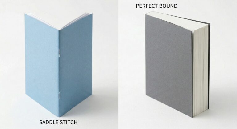 Image comparing a saddle stitch booklet with a perfect bound booklet.