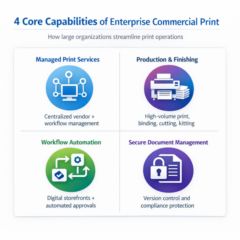Four capability blocks describing commercial print services for enterprise teams: managed print services, production printing and finishing, workflow automation, and secure document management.