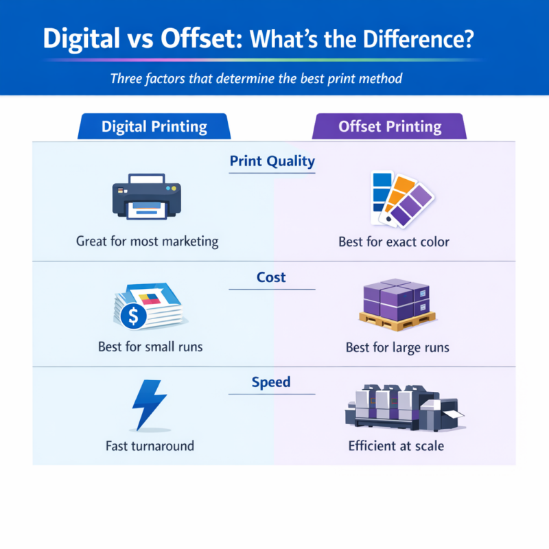 Square infographic comparing digital printing vs offset printing across three factors: print quality, cost, and speed. Digital printing is shown as best for most marketing materials, small print runs, and fast turnaround. Offset printing is shown as best for exact color matching, large print runs, and efficient high-volume production. Icons illustrate a printer, color swatches, stacks of prints, pallets of boxes, a lightning bolt, and a printing press.