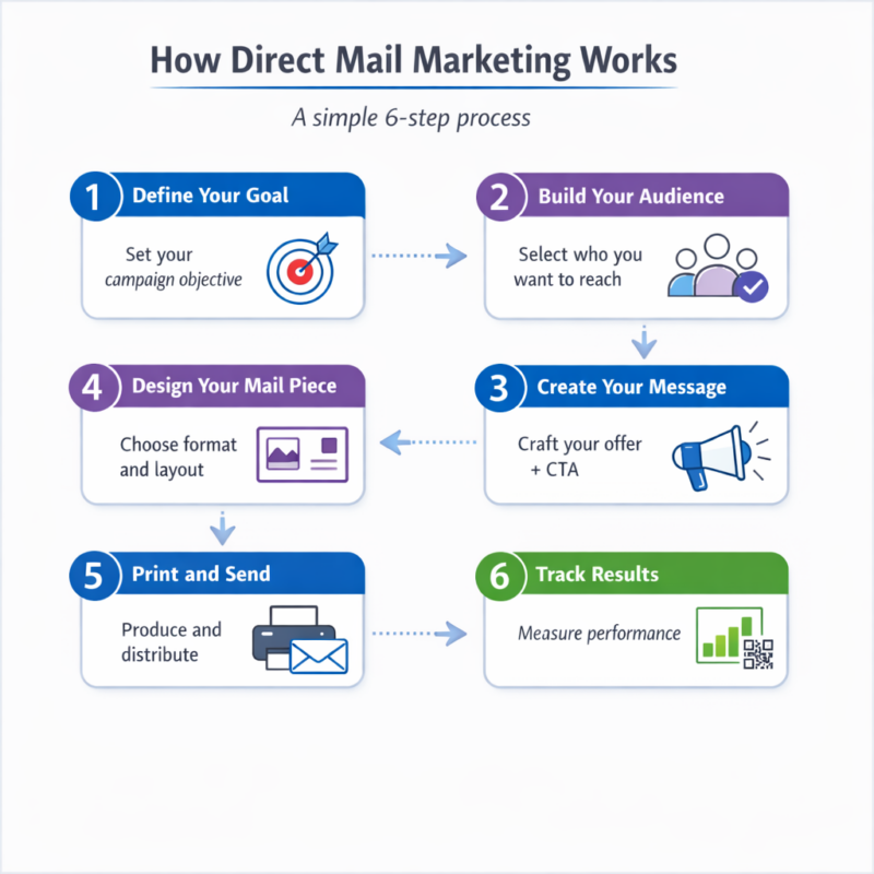 Infographic showing a six-step direct mail marketing process in a zig-zag layout. Steps include: Define Your Goal (target icon), Build Your Audience (group of people icon), Create Your Message (megaphone icon), Design Your Mail Piece (postcard icon), Print and Send (printer and envelope icon), and Track Results (analytics chart with QR code). Each step is displayed in rounded cards with blue, purple, and green accents, connected by directional arrows on a clean white background.