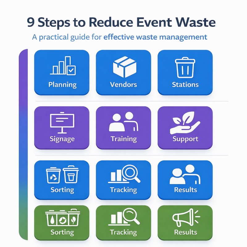 Square infographic titled ‘9 Steps to Reduce Event Waste Management’ showing a structured grid of nine rounded blocks organized in three rows. Each block features an icon and label representing steps such as Planning, Vendors, Stations, Signage, Training, Support, Sorting, Tracking, and Results. The rows are color-coded in blue, purple, and green, with a vertical gradient bar on the left, illustrating a progression from planning to execution to optimization.