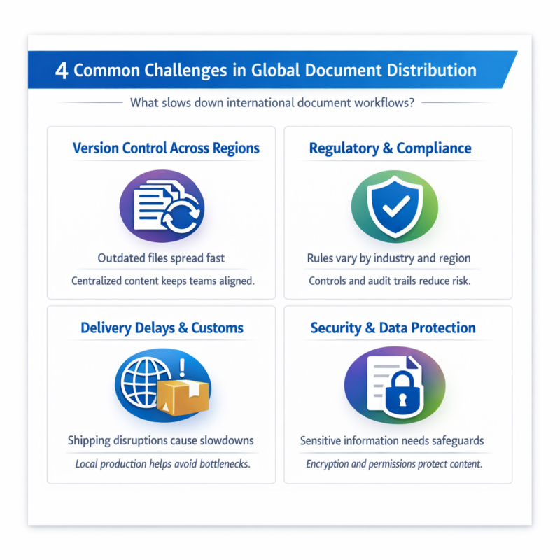 Square infographic titled “4 Common Challenges in Global Document Distribution” featuring four icon-based panels: version control across regions, regulatory and compliance requirements, delivery delays and customs issues, and security and data protection.