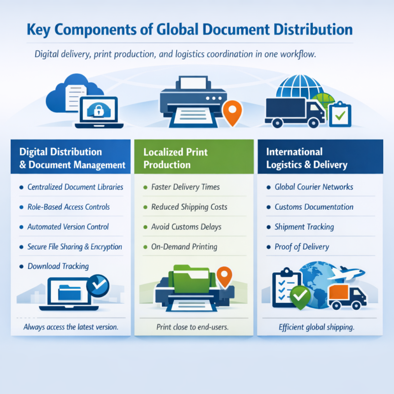 Infographic showing the key components of global document distribution, organized into three sections: digital distribution and document management, localized print production, and international logistics and delivery. Each section lists benefits such as centralized document libraries, role based access controls, faster delivery times, reduced shipping costs, customs documentation, shipment tracking, and proof of delivery. Icons illustrate cloud storage, printing, and global shipping.