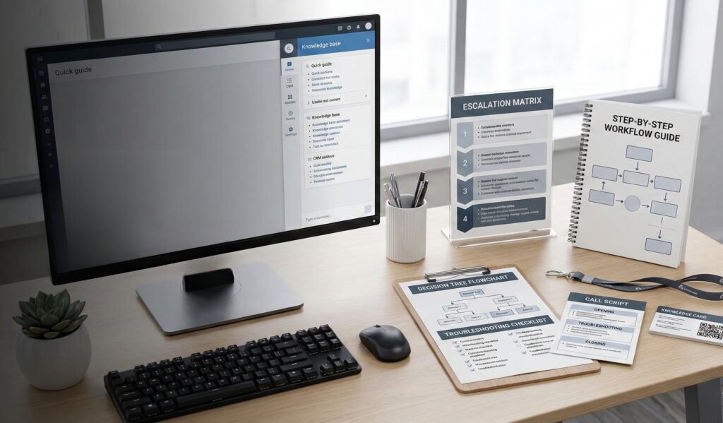 An office work station with various customer service job aids, including an escalation matrix, step by step workflow, and call script. 