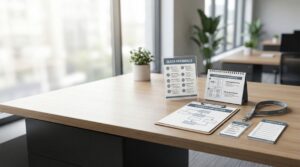 Job aids on a table in a corporate environment