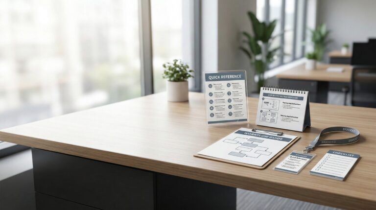 Job aids on a table in a corporate environment