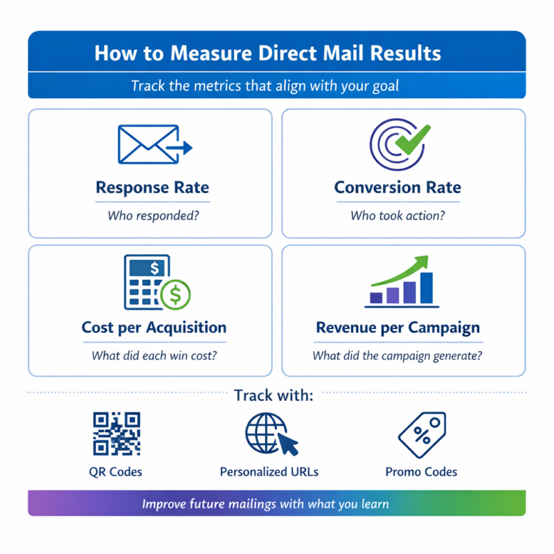 Square infographic titled “How to Measure Direct Mail marketing Results” with a blue header and four icon-based sections showing response rate, conversion rate, cost per acquisition, and revenue per campaign, plus a bottom row highlighting tracking tools including QR codes, personalized URLs, and promo codes, and a closing note about improving future mailings.