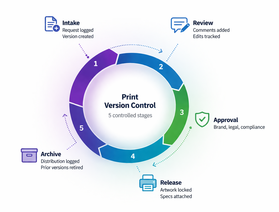 Circular infographic showing the print version control process as five stages arranged around a central ring: Intake (request logged, version created), Review (comments added, edits tracked), Approval (brand, legal, compliance), Release (artwork locked, specs attached), and Archive (distribution logged, prior versions retired), with a central label reading ‘Print Version Control – 5 controlled stages.’