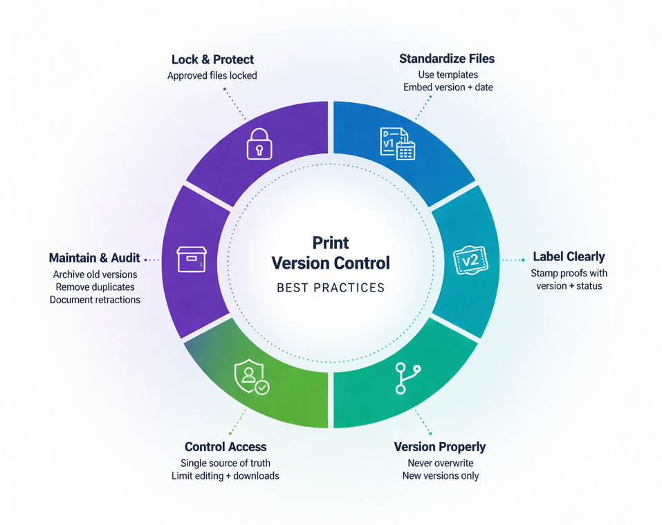 Circular infographic showing six best practices for print version control arranged around a segmented ring: Lock and protect approved files, standardize files with templates and version dates, label proofs clearly, version properly without overwriting, control access with a single source of truth, and maintain and audit archives. Center text reads ‘Print Version Control – Best Practices.'