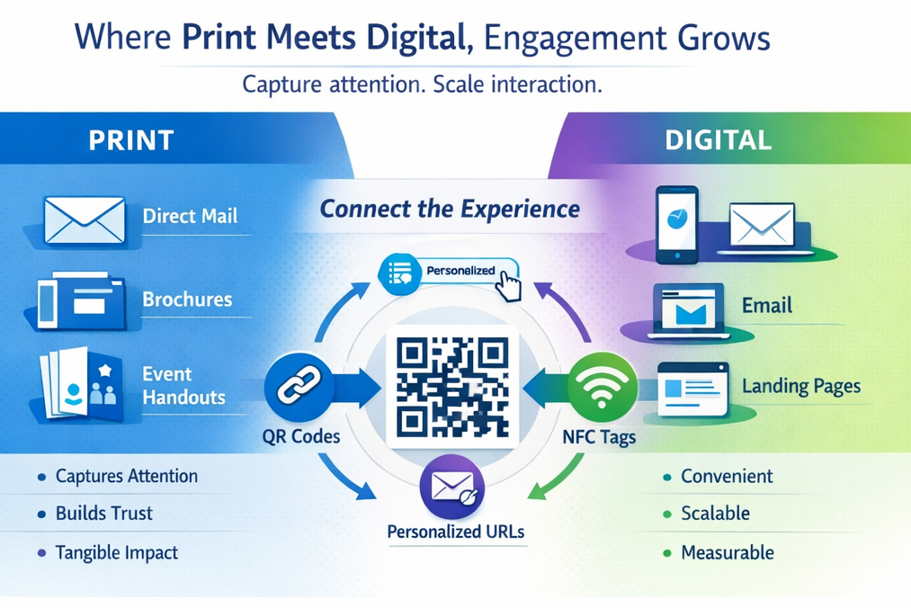 Infographic showing how print vs. digital channels work together—print builds trust, digital scales engagement, connected via QR codes, personalized URLs, and NFC, tailored to different audience types.