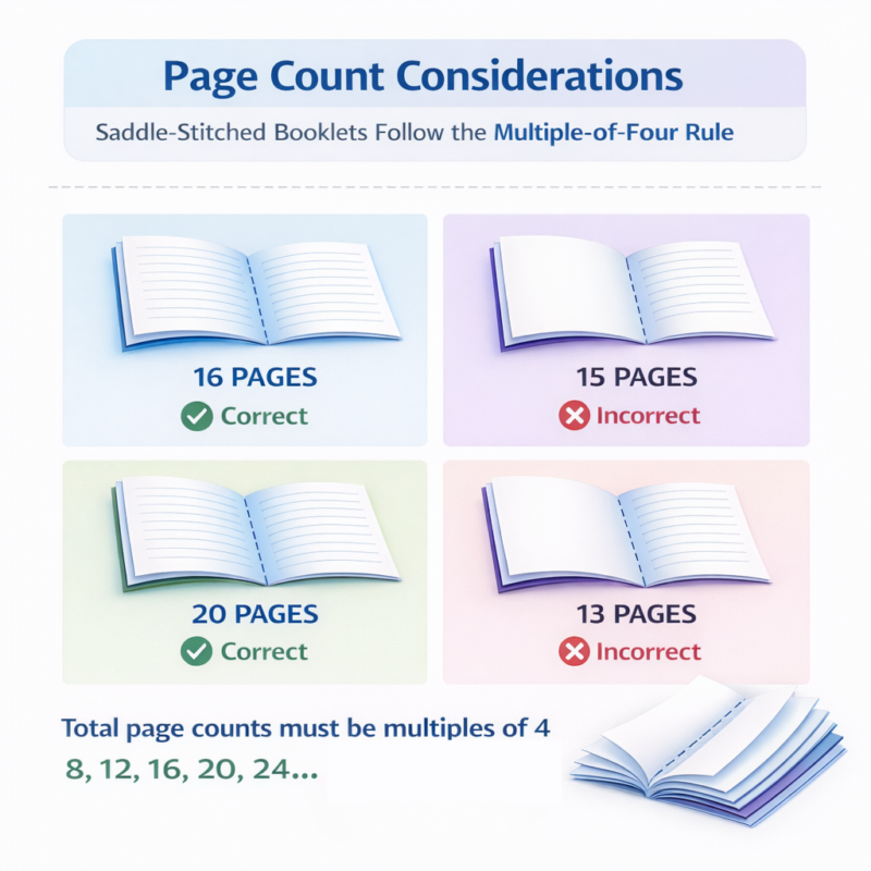 Infographic explaining page count considerations for saddle-stitched booklets, showing that total pages must be in multiples of four. Visual examples highlight 16 and 20 pages as correct, while 15 and 13 pages are marked incorrect, reinforcing the “multiple-of-four” rule (8, 12, 16, 20, 24…).