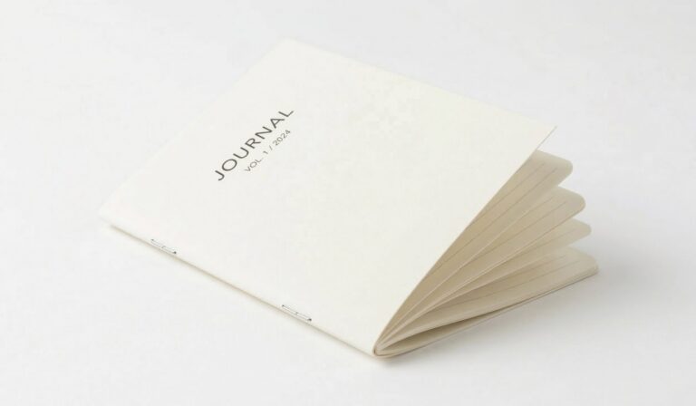 Saddle stitched booklet with a folded spine and two visible metal staples, slightly open to show the center fold and nested pages on a white studio background.
