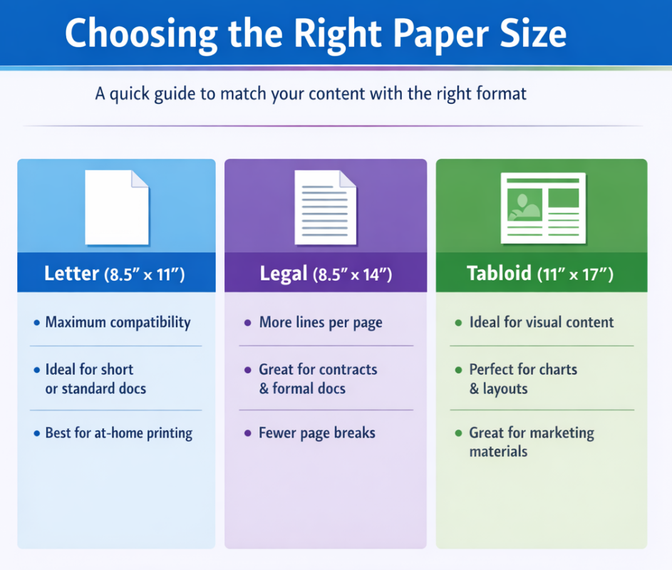 Three-column infographic comparing Letter, Legal, and Tabloid paper sizes with use-case recommendations.