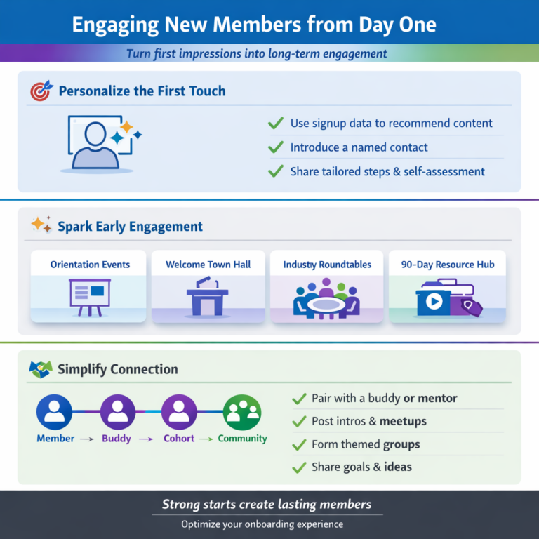 Infographic titled “Engaging New Members from Day One” with a subtitle about association onboarding. The design is divided into three sections: (1) Personalize the First Touch, showing a user icon and bullets about using signup data, assigning a contact, and sharing tailored steps; (2) Spark Early Engagement, featuring four cards for orientation events, welcome town halls, industry roundtables, and a 90-day resource hub; (3) Simplify Connection, illustrating a flow from member to buddy to cohort to community, with bullets about mentors, introductions, meetups, and themed groups. The color scheme uses blue, purple, and green with clean icons and structured layout.