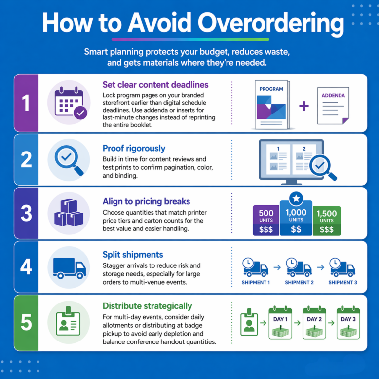 Square infographic titled “How to Avoid Overordering,” featuring five horizontal sections with icons and short explanations. Each section highlights a strategy: setting clear content deadlines, proofing thoroughly, aligning quantities to pricing breaks, splitting shipments, and distributing materials strategically. The design uses a blue background with white content panels, color-coded accents (purple, blue, green), and simple icons like a calendar, checklist, boxes, delivery trucks, and badges to visually reinforce each step.