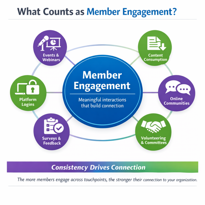 Diagram showing six types of member engagement including events, content, communities, volunteering, feedback, and platform usage, all contributing to stronger member connection.