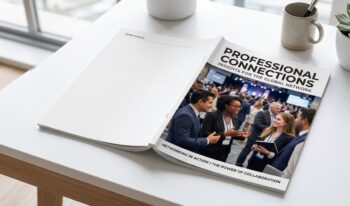 An open association magazine on a white desk, featuring a cover image of diverse professionals networking at a conference.