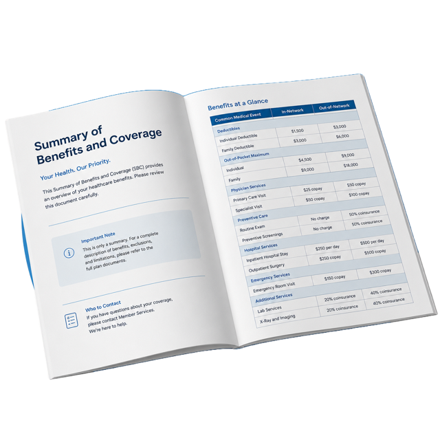 A healthcare summary of benefits document in booklet form