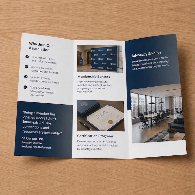 A tri-fold association brochure open on a wooden table