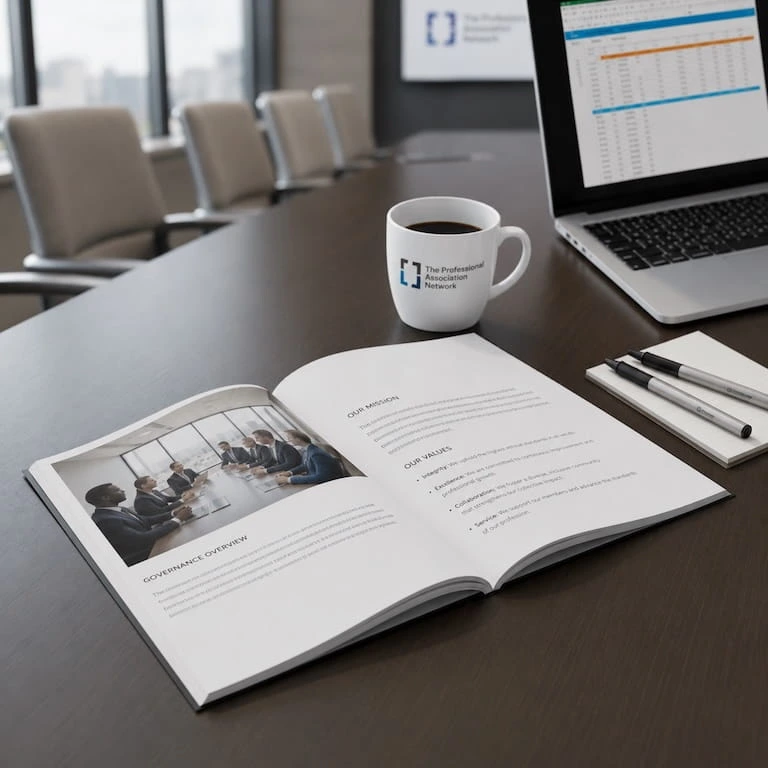 Association manual open on a conference room table. There is a laptop, coffee mug, and pens in the background.