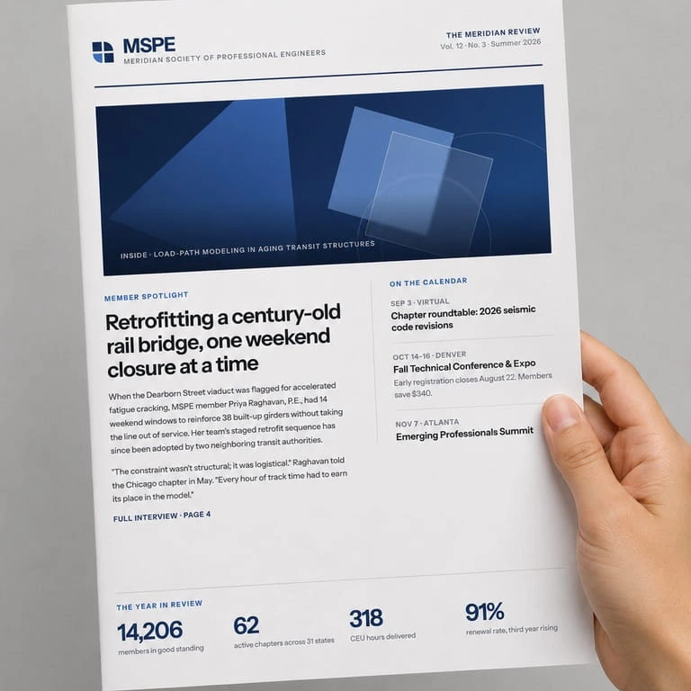 A hand holding an association newsletter on a gray background